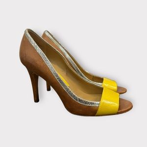 Boutique 9, brown leather, yellow, open toe, silver metallic, heels